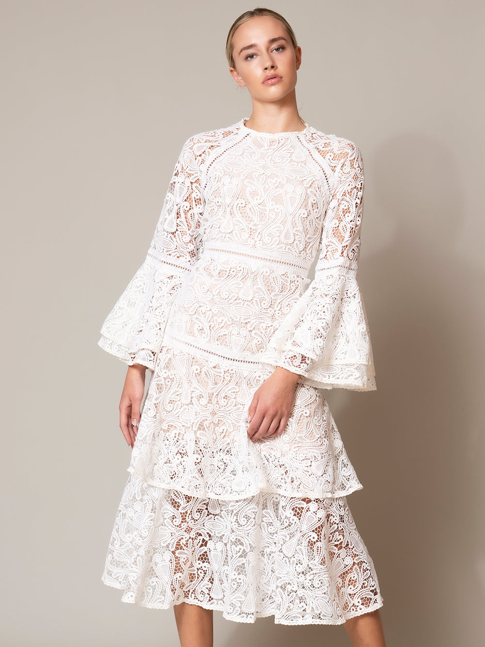 High Neck Bell Sleeve Tiered Lace Floral Midi Dress