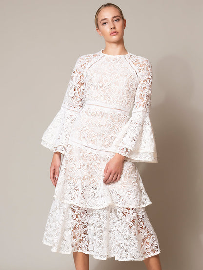 High Neck Bell Sleeve Tiered Lace Floral Midi Dress