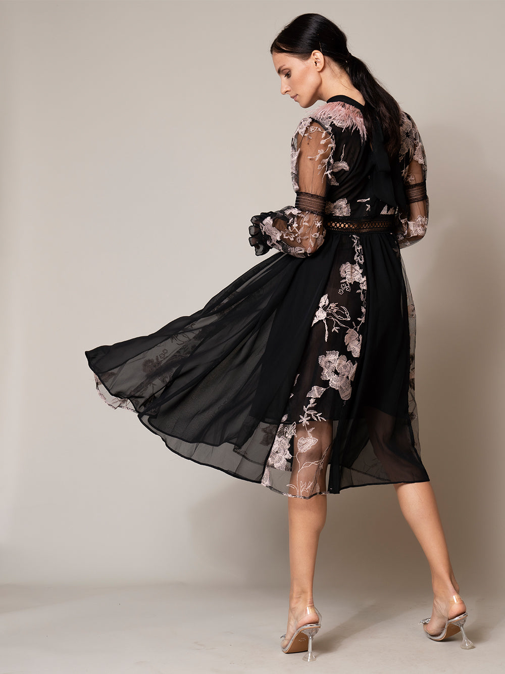 Feather Trim Mock Neck Floral Embroidered Sheer Mesh Long Sleeve Midi Dress