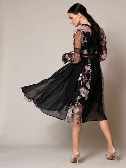 Feather Trim Mock Neck Floral Embroidered Sheer Mesh Long Sleeve Midi Dress