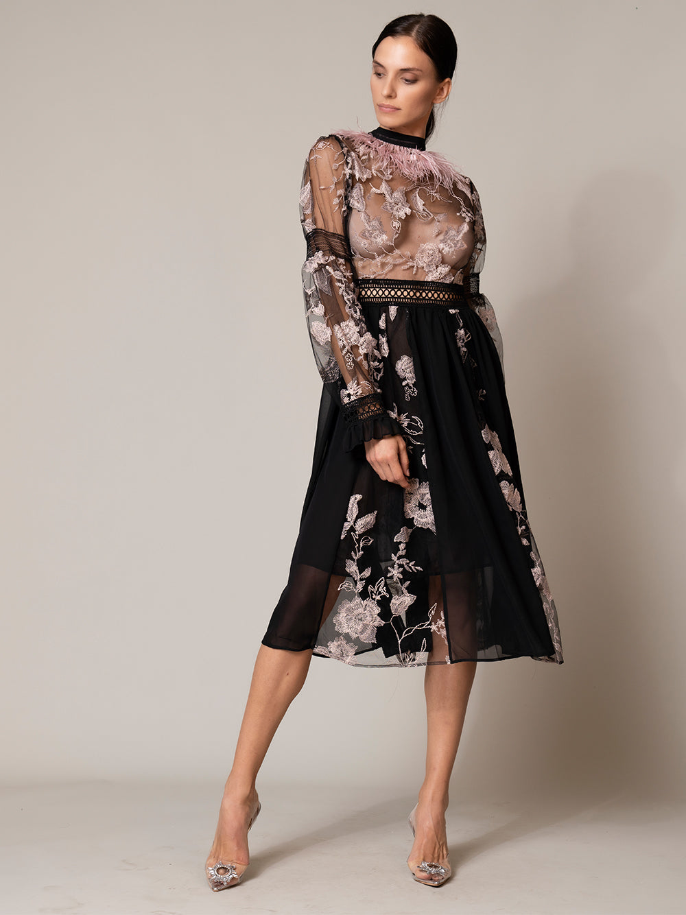 Feather Trim Mock Neck Floral Embroidered Sheer Mesh Long Sleeve Midi Dress