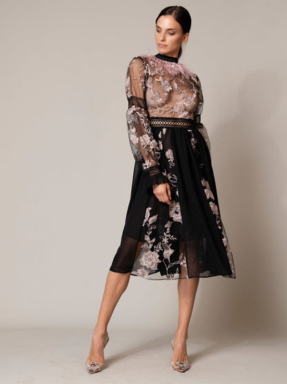 Feather Trim Mock Neck Floral Embroidered Sheer Mesh Long Sleeve Midi Dress