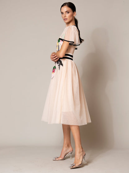 Round Neck Flutter Sleeve Stripe Waistband Floral Tulle Midi Dress