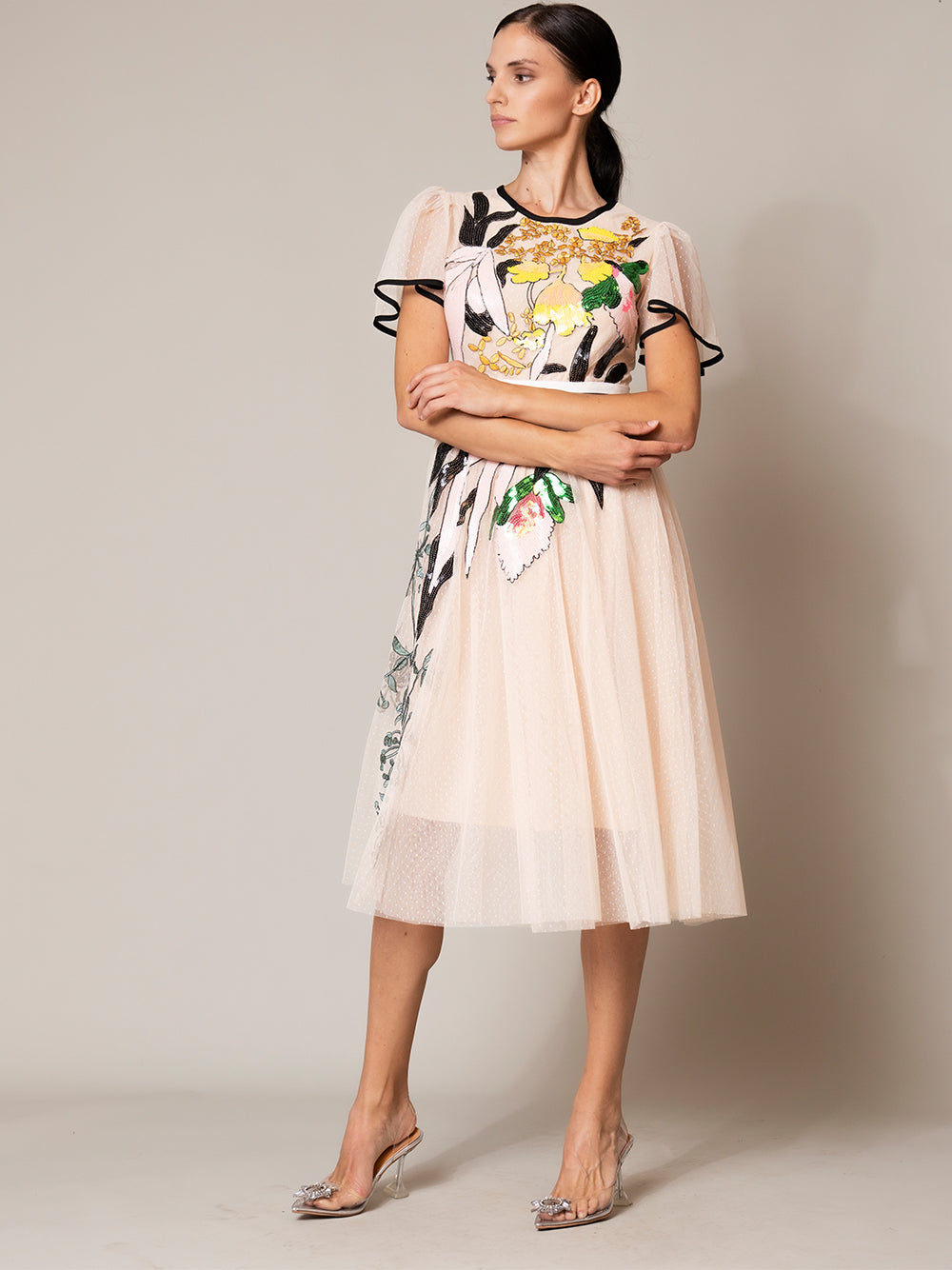 Round Neck Flutter Sleeve Stripe Waistband Floral Tulle Midi Dress