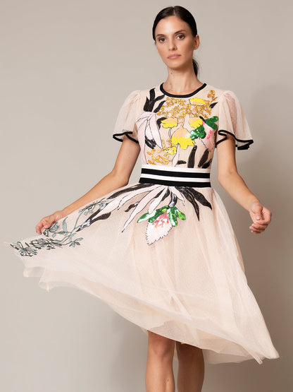 Round Neck Flutter Sleeve Stripe Waistband Floral Tulle Midi Dress