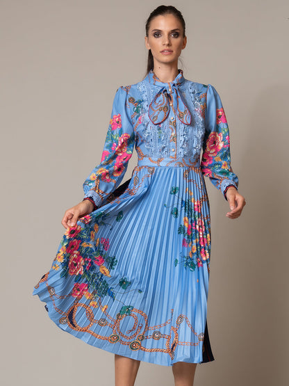 Tie Neck Lace Trim Bishop Sleeve Accordion Pleat Chain Floral Midi Dress
