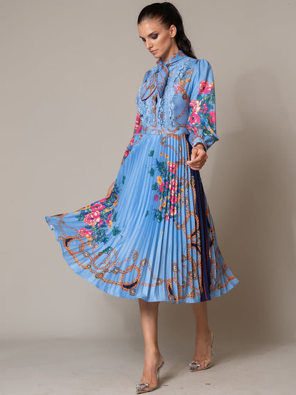 Tie Neck Lace Trim Bishop Sleeve Accordion Pleat Chain Floral Midi Dress