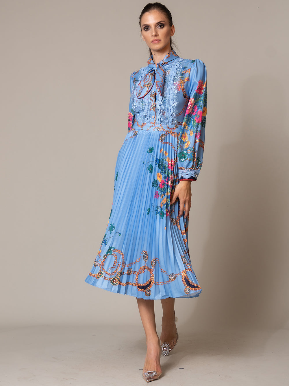 Tie Neck Lace Trim Bishop Sleeve Accordion Pleat Chain Floral Midi Dress