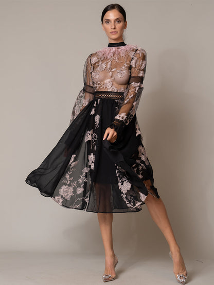 Feather Trim Mock Neck Floral Embroidered Sheer Mesh Long Sleeve Midi Dress