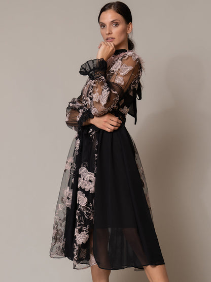 Feather Trim Mock Neck Floral Embroidered Sheer Mesh Long Sleeve Midi Dress