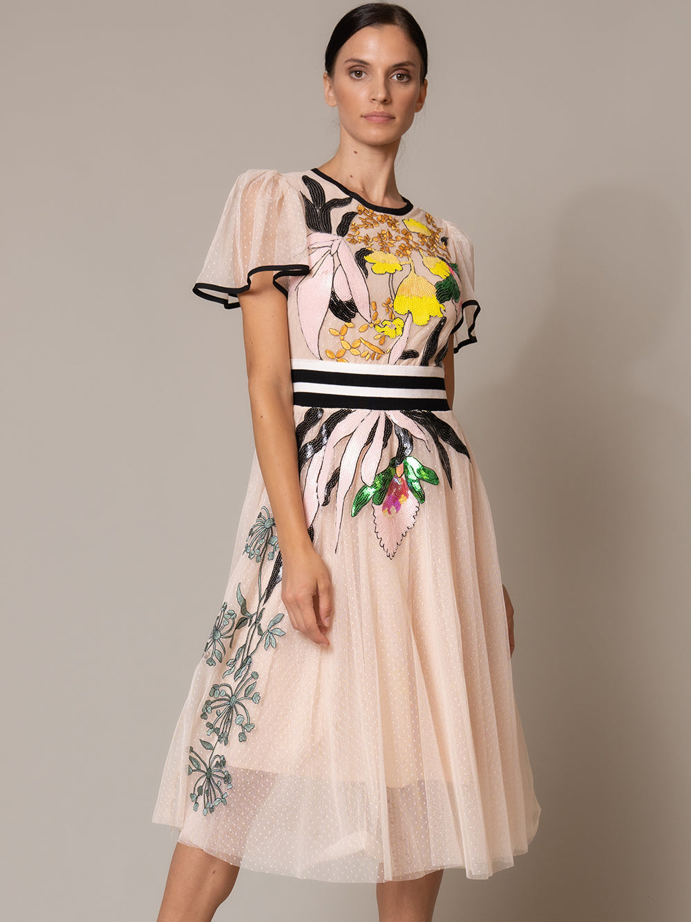 Round Neck Flutter Sleeve Stripe Waistband Floral Tulle Midi Dress