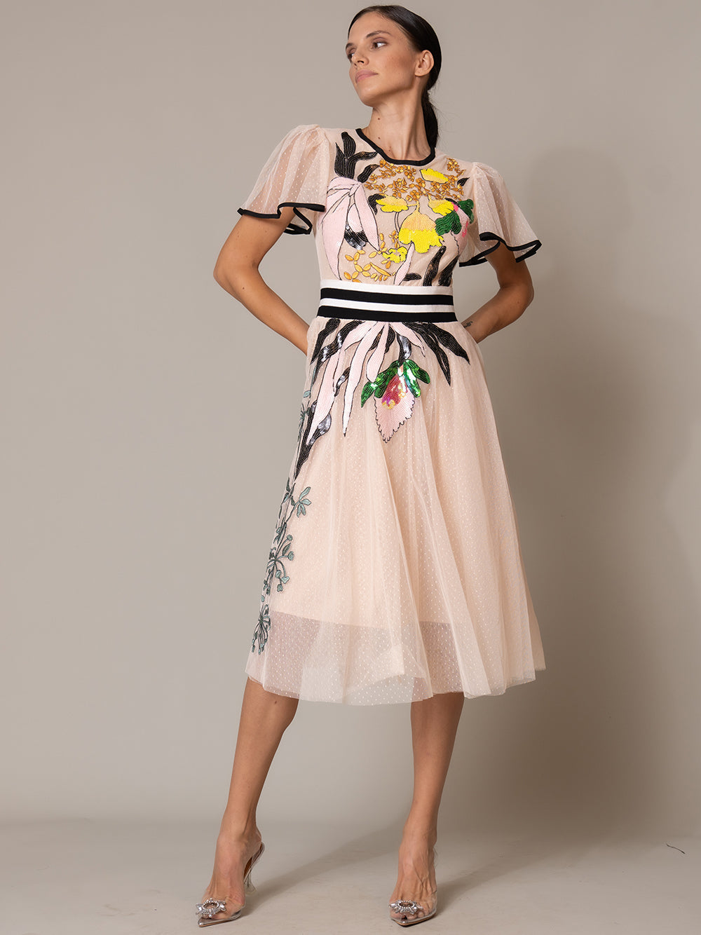 Round Neck Flutter Sleeve Stripe Waistband Floral Tulle Midi Dress