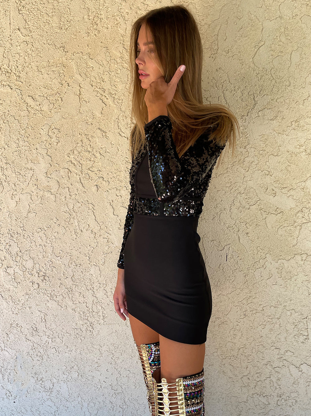 Crew Neck Sequin Bodice Waistband Matte Skirt Long Sleeve Mini Dress