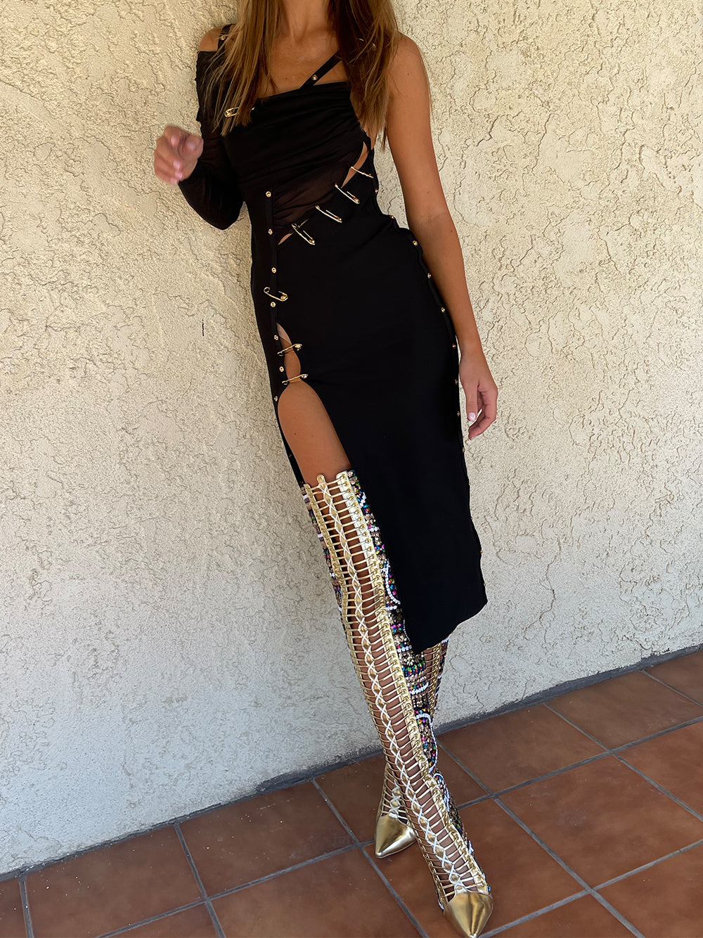 One Shoulder Ruched Cutout Side Slit Satin Maxi Dress