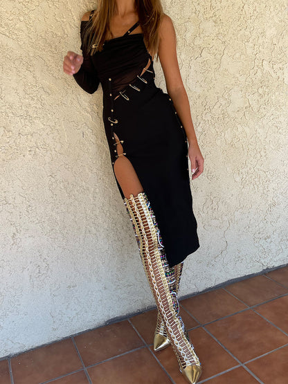 One Shoulder Ruched Cutout Side Slit Satin Maxi Dress