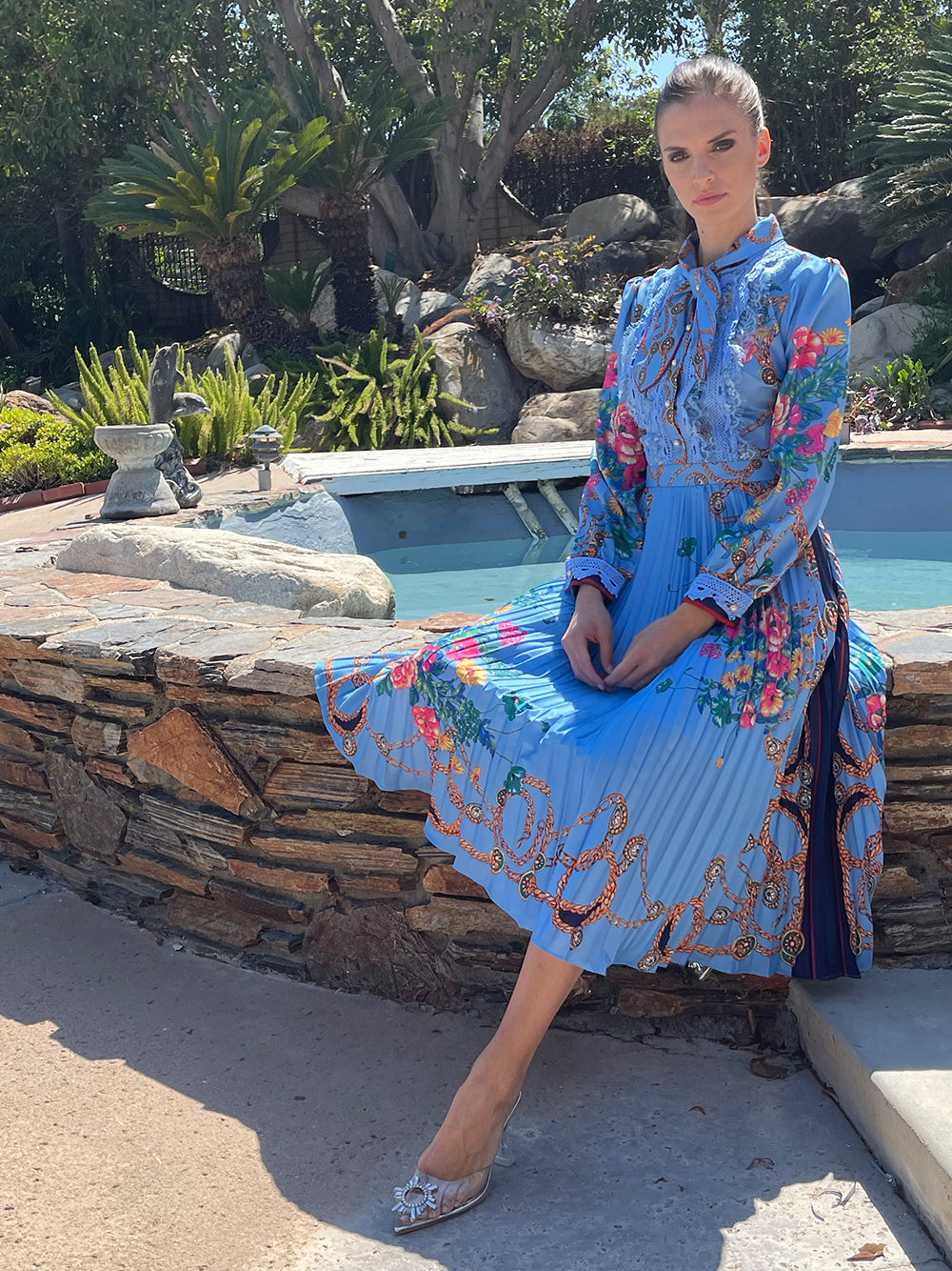 Tie Neck Lace Trim Bishop Sleeve Accordion Pleat Chain Floral Midi Dress