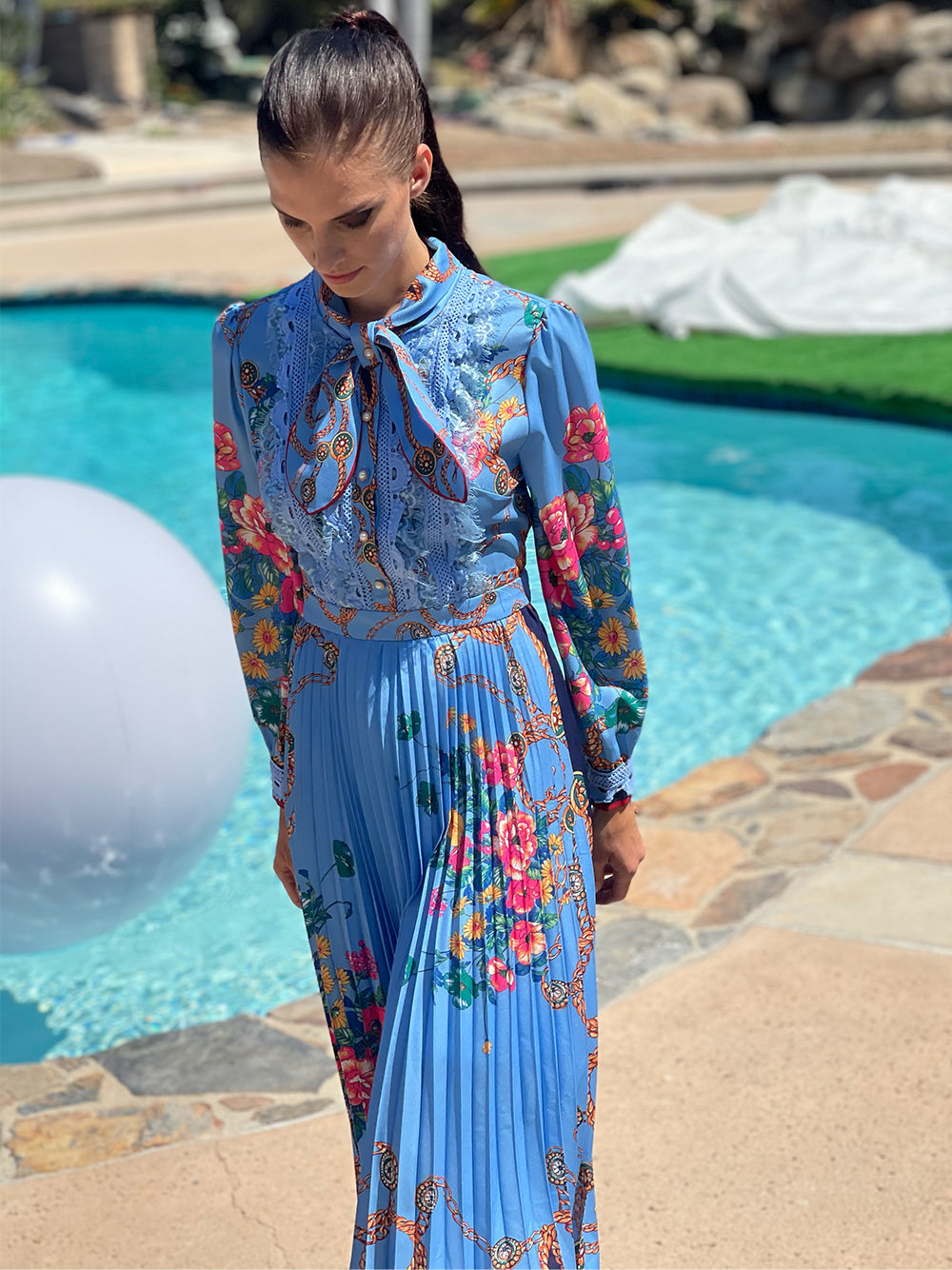 Tie Neck Lace Trim Bishop Sleeve Accordion Pleat Chain Floral Midi Dress