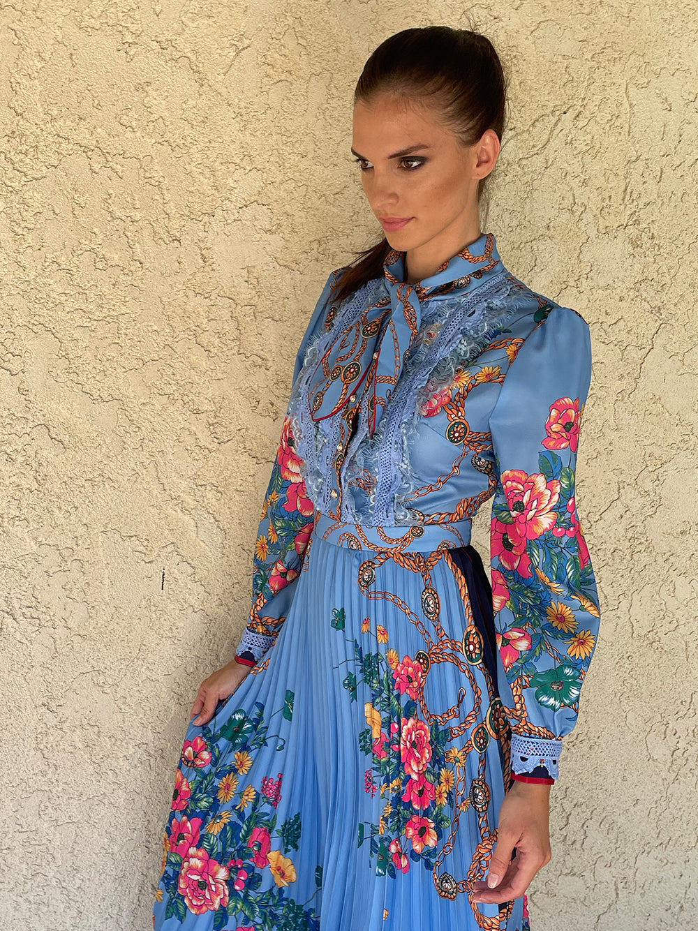 Tie Neck Lace Trim Bishop Sleeve Accordion Pleat Chain Floral Midi Dress
