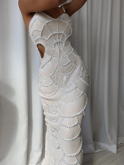 Sweetheart Neck Pearl Strap Sequin Embellished Side Cutout Bodycon Midi Dress