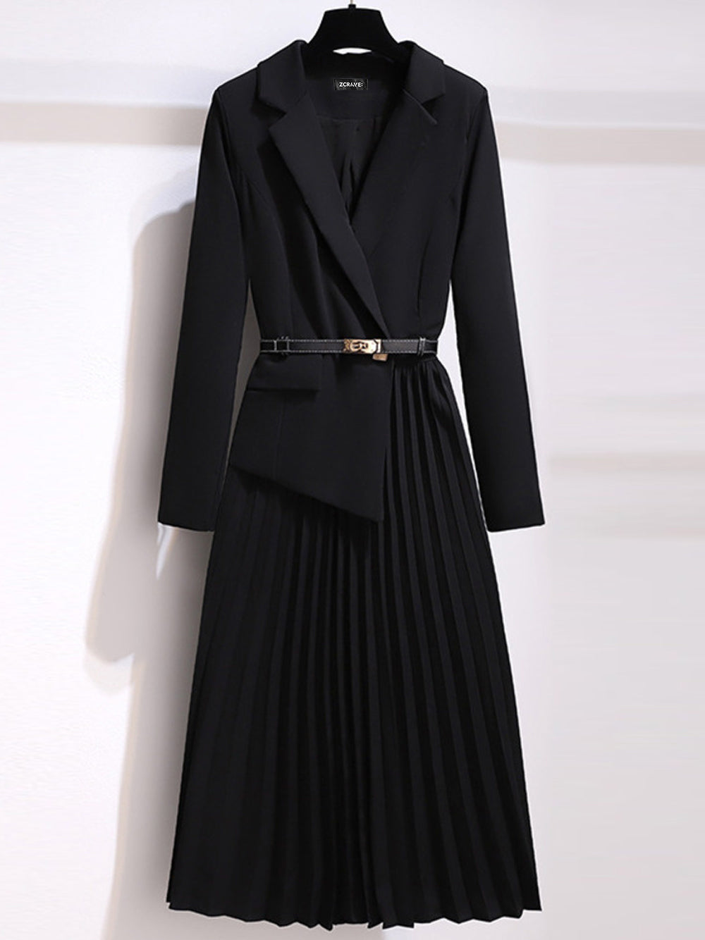 Notched Lapel Long Sleeve Belted Blazer Pleated Midi Dress