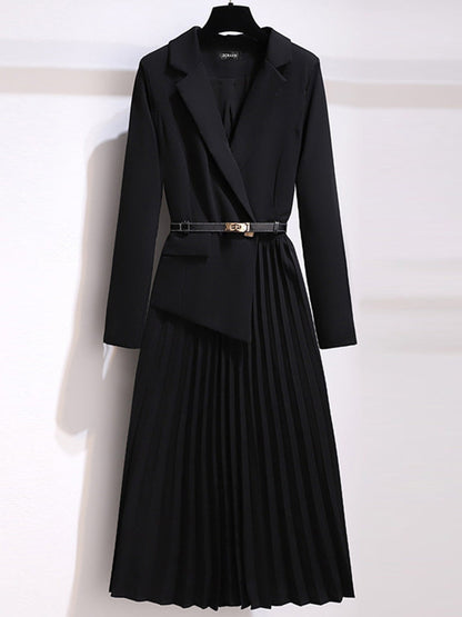 Notched Lapel Long Sleeve Belted Blazer Pleated Midi Dress