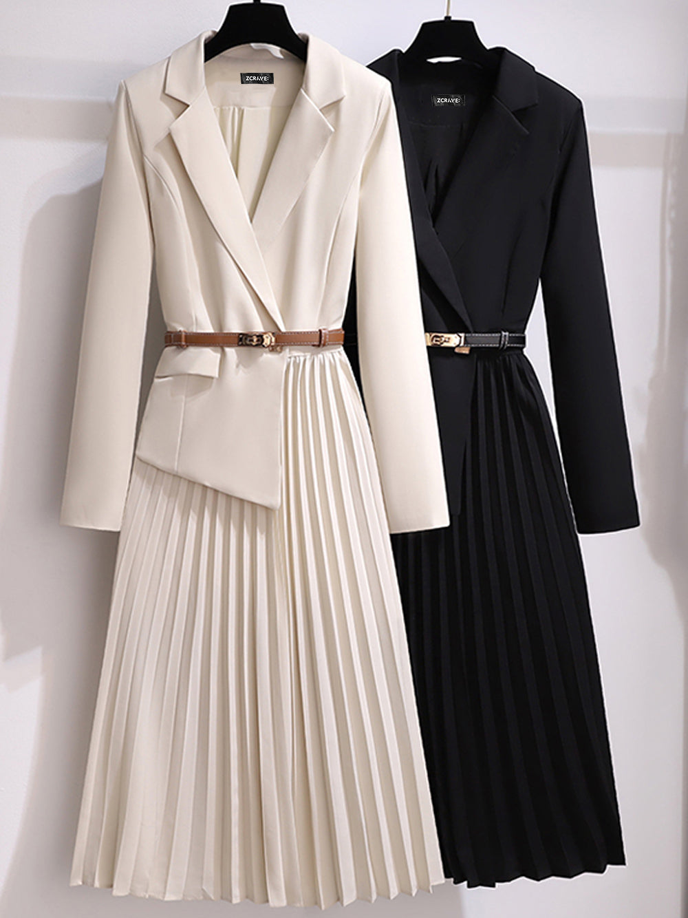 Notched Lapel Long Sleeve Belted Blazer Pleated Midi Dress