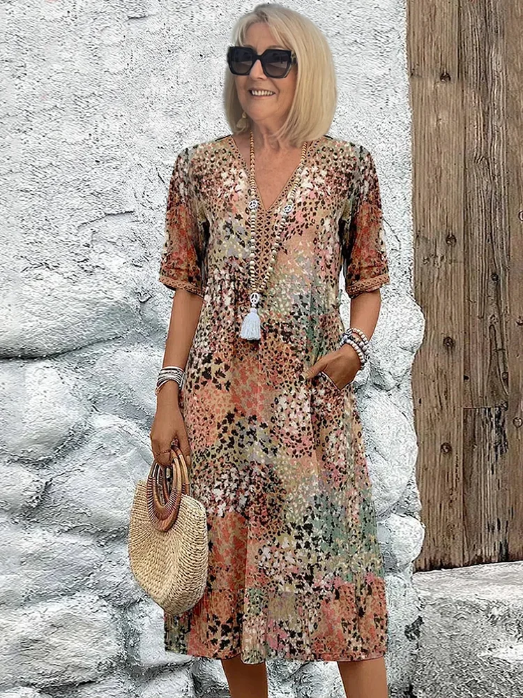 V Neck Half Sleeve Abstract Mosaic Print Pocket Midi Dress