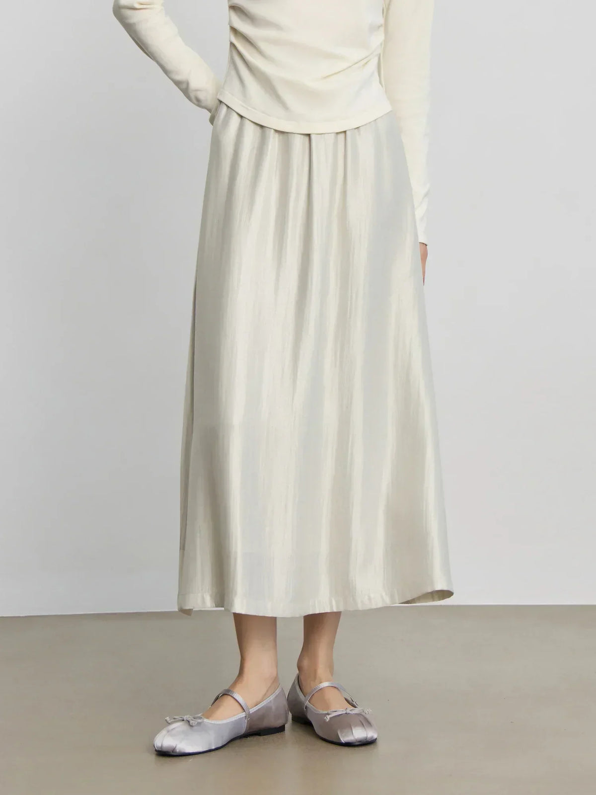 Solid Long High Waist Elastic Silver Grey Draped A-Line Commuter Skirt