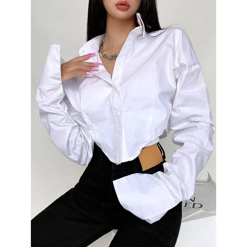 Korean Style Long Sleeve Button Crop Blouse