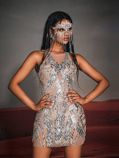 High Neck Mirror Rhinestone Beaded Mesh Embellished Mini Dress