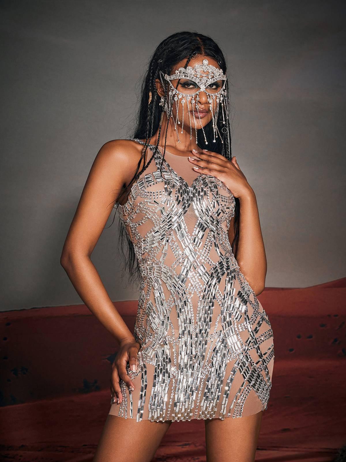 High Neck Mirror Rhinestone Beaded Mesh Embellished Mini Dress