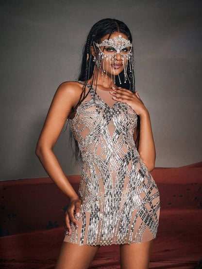 High Neck Mirror Rhinestone Beaded Mesh Embellished Mini Dress