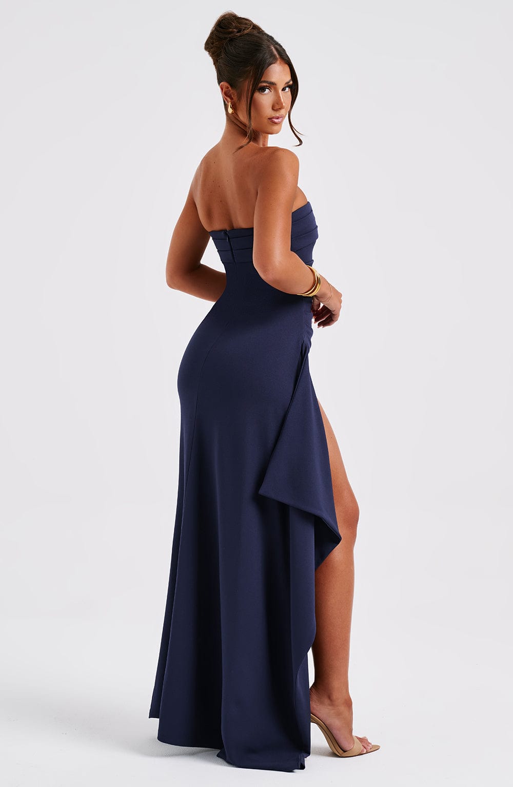 Strapless Ruched Side Slit Cascading Ruffle Maxi Gown