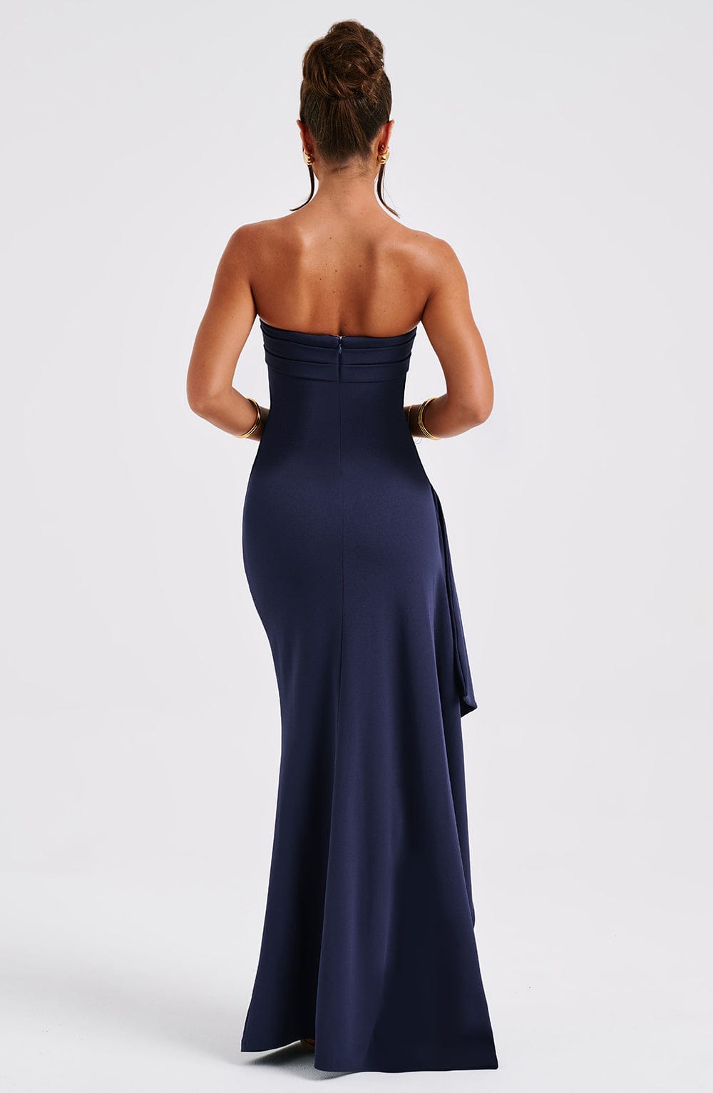 Strapless Ruched Side Slit Cascading Ruffle Maxi Gown