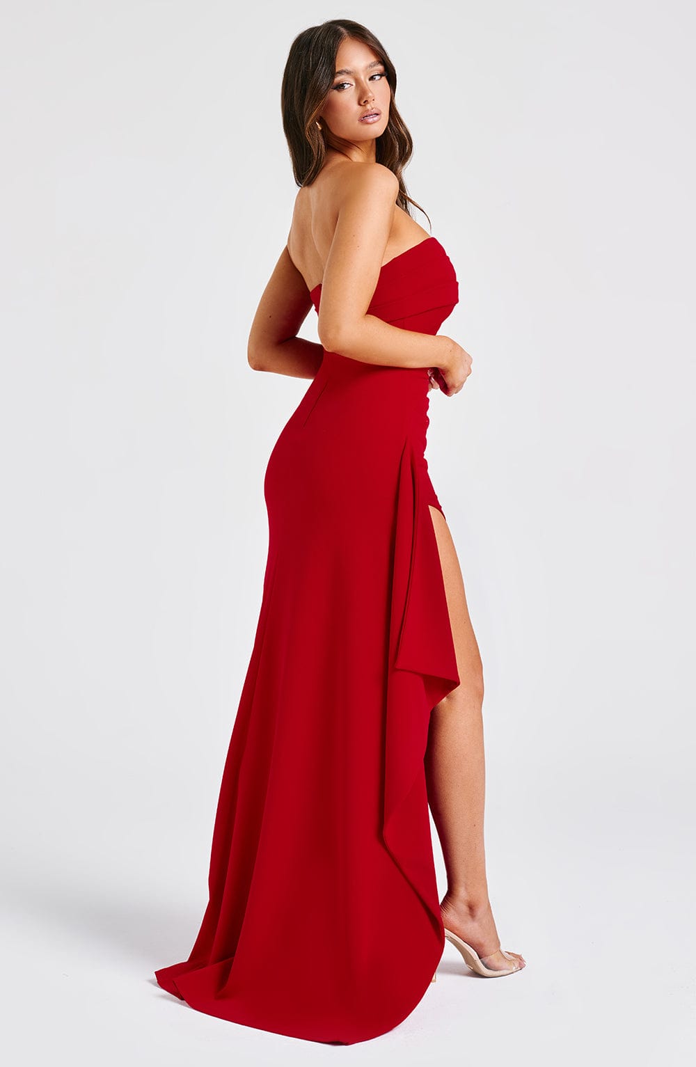Strapless Ruched Side Slit Cascading Ruffle Maxi Gown