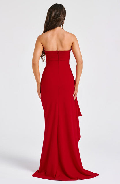 Strapless Ruched Side Slit Cascading Ruffle Maxi Gown