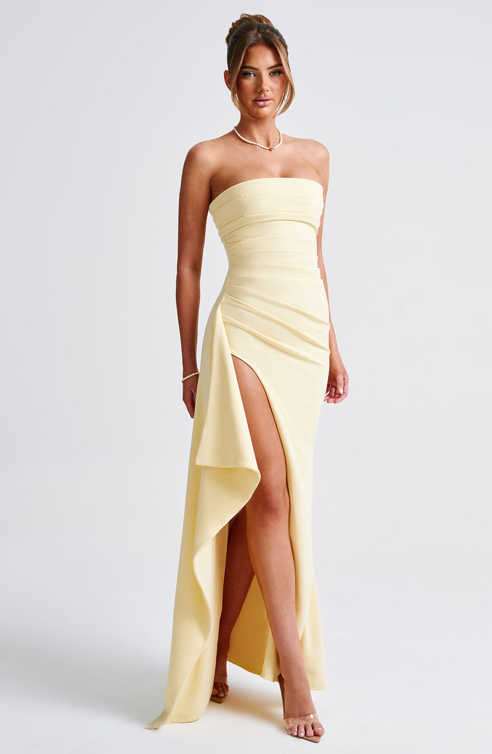 Strapless Ruched Side Slit Cascading Ruffle Maxi Gown