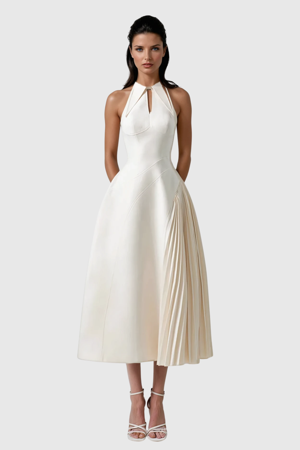 Halter Collar Keyhole Pleated Side Panel Fit and Flare Midi Dress