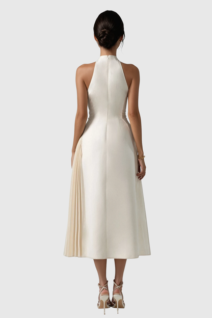 Halter Collar Keyhole Pleated Side Panel Fit and Flare Midi Dress