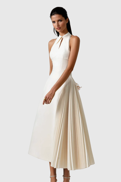 Halter Collar Keyhole Pleated Side Panel Fit and Flare Midi Dress