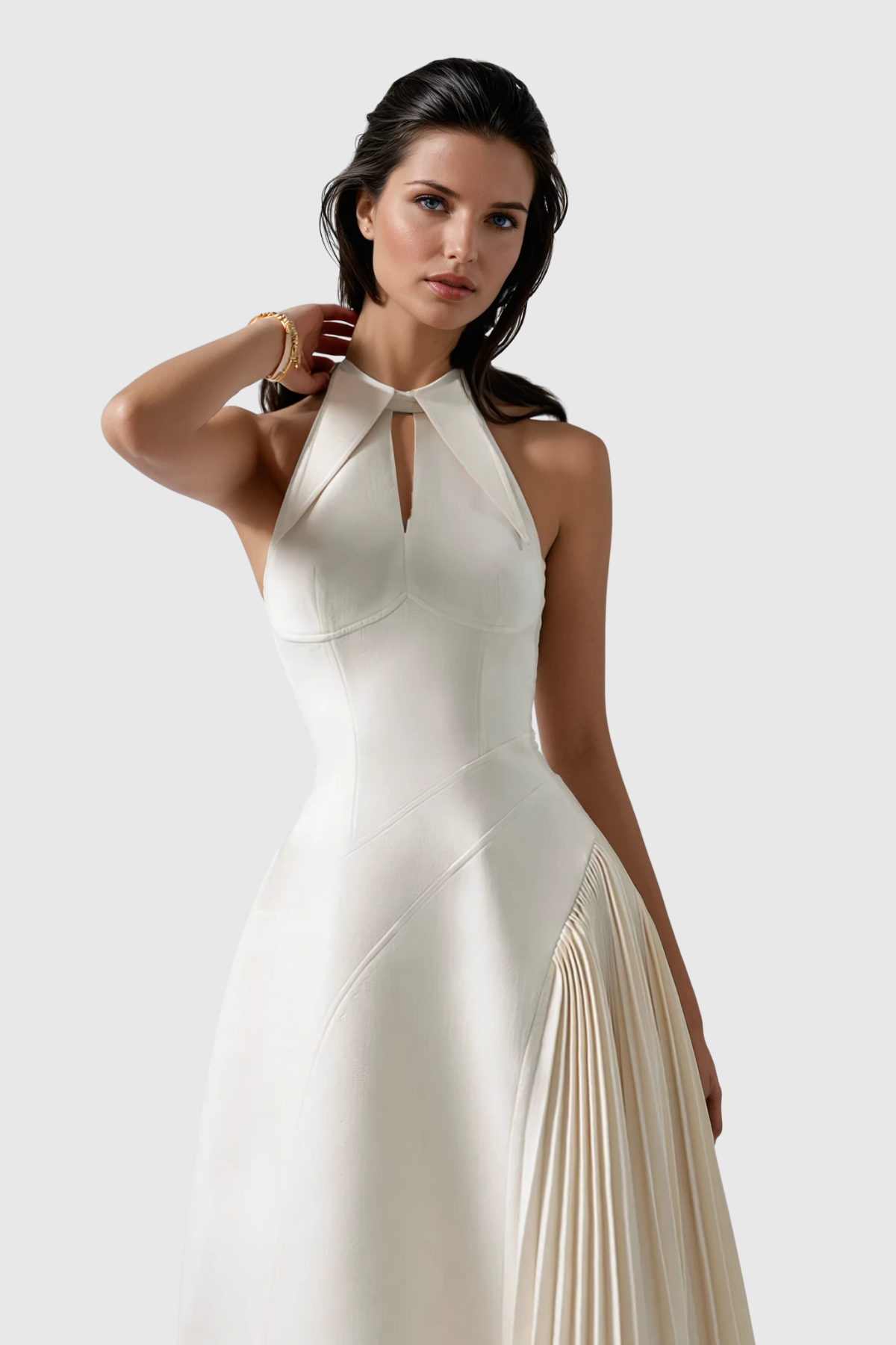 Halter Collar Keyhole Pleated Side Panel Fit and Flare Midi Dress