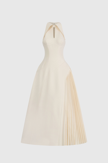 Halter Collar Keyhole Pleated Side Panel Fit and Flare Midi Dress