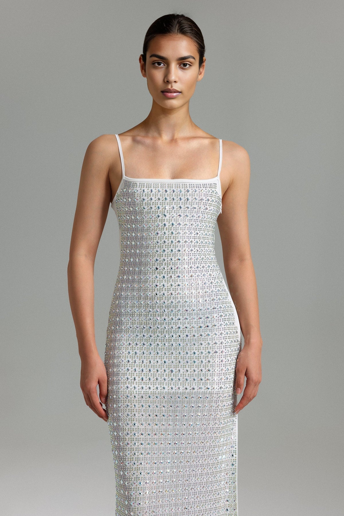 Square Neck Spaghetti Strap All-Over Crystal Embellished Bodycon Maxi Dress