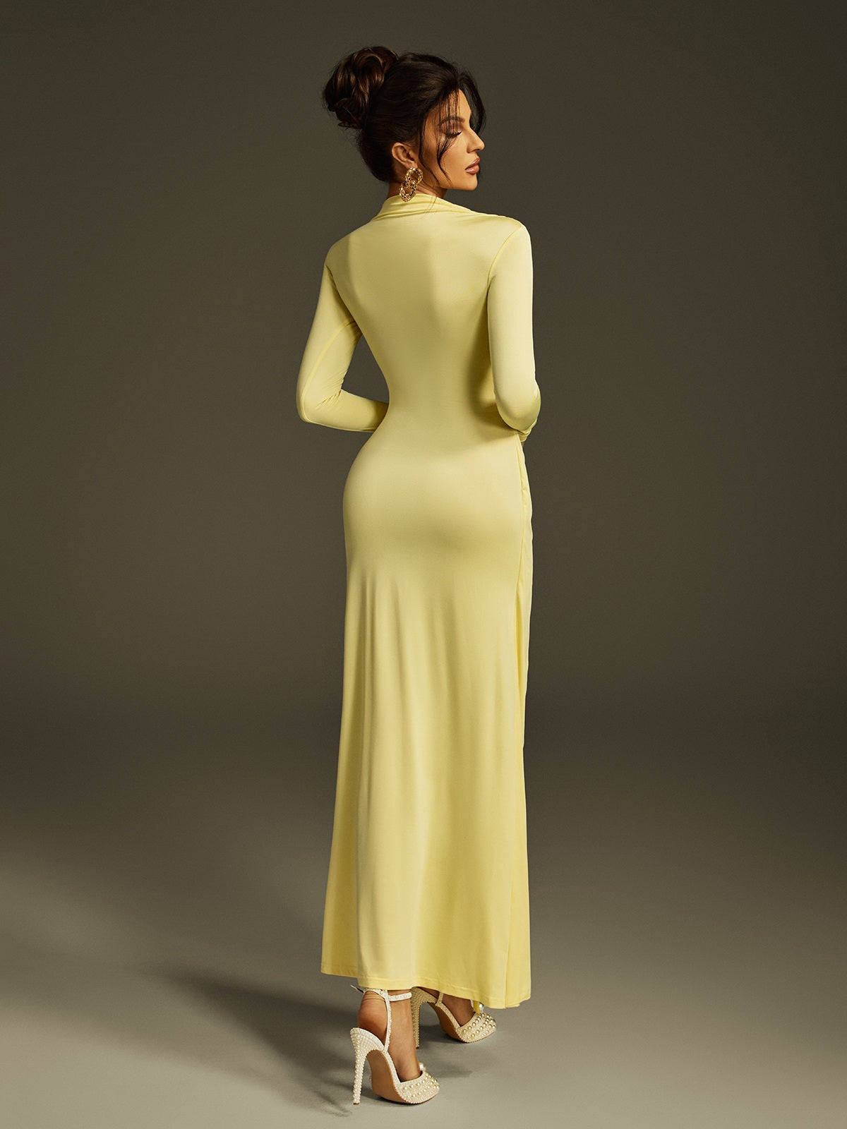 Crew Neck Long Sleeve Central Gathered Sash Draped Maxi Gown