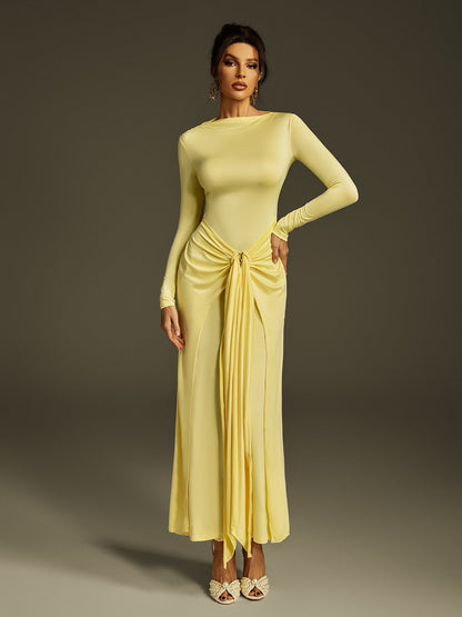 Crew Neck Long Sleeve Central Gathered Sash Draped Maxi Gown