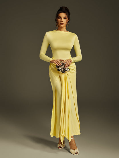 Crew Neck Long Sleeve Central Gathered Sash Draped Maxi Gown