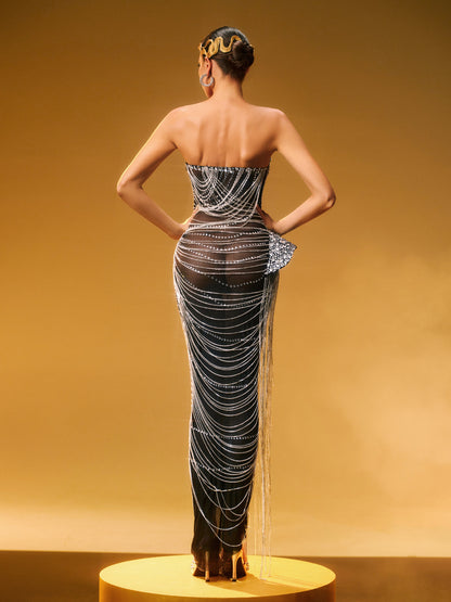 Strapless Corset Sweetheart Rhinestone Chain Hip Fringe Maxi Gown