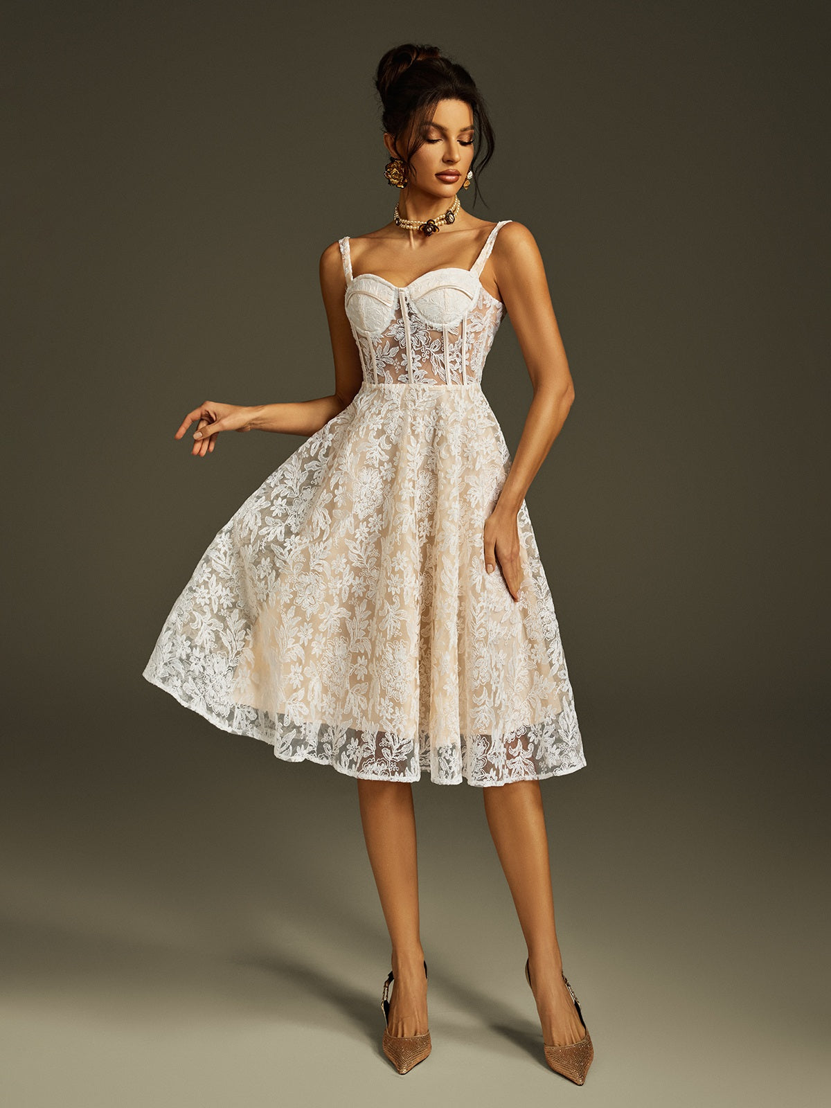 Spaghetti Strap Sweetheart Corset Bodice Floral Lace Embroidered Mesh Midi Dress