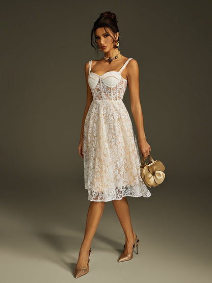 Spaghetti Strap Sweetheart Corset Bodice Floral Lace Embroidered Mesh Midi Dress