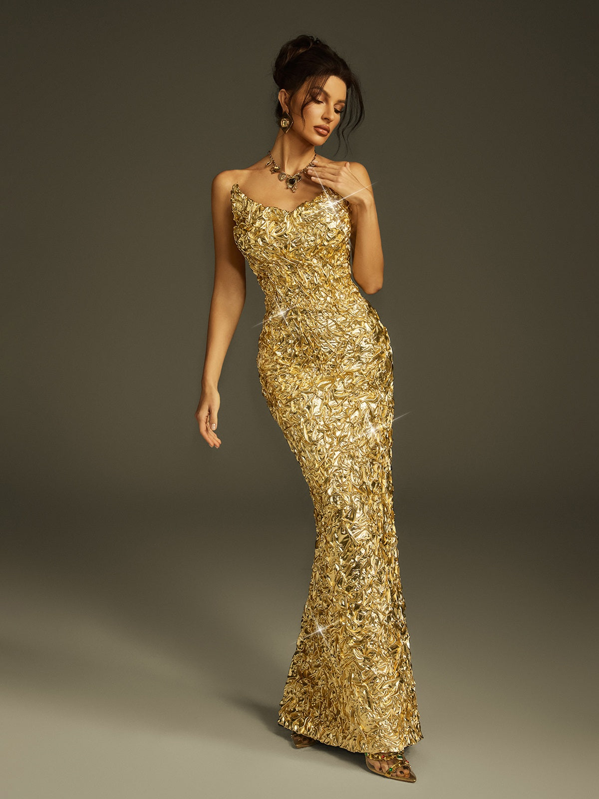 Strapless Sweetheart Crinkled Foil Mermaid Maxi Dress